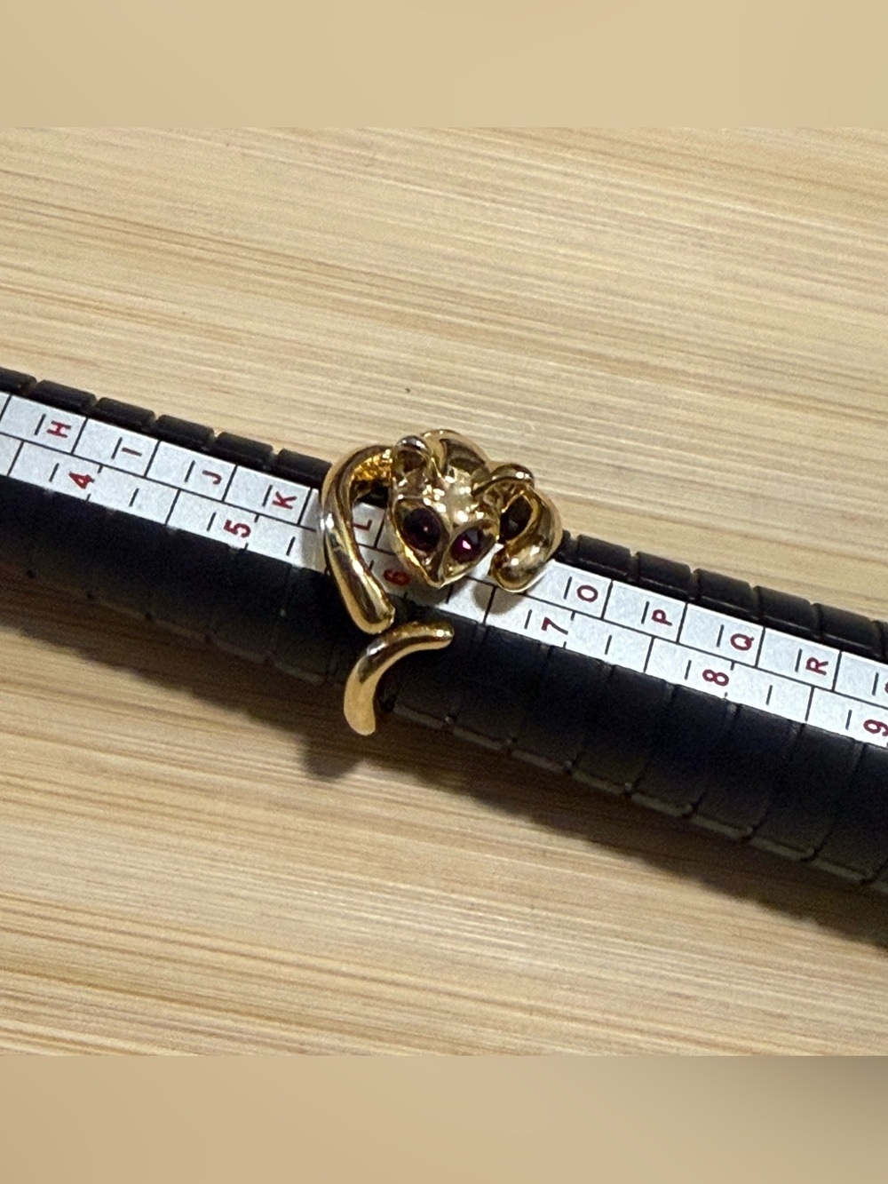 Gold Tone Cat Ring with Red Rhinestone Eyes